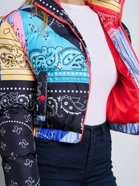 WOMEN'S LONG SLEEVE ZIP UP FRONT POCKETS PUFFER MULTI PRINT JACKET