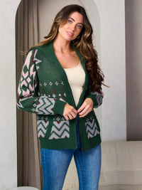 WOMEN'S LONG SLEEVE ZIP UP FRONT POCKETS MULTI PRINT SWEATER