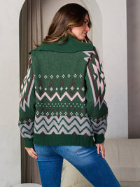 WOMEN'S LONG SLEEVE ZIP UP FRONT POCKETS MULTI PRINT SWEATER