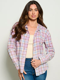 WOMEN'S LONG SLEEVE BUTTON UP HODDIE PLAID TOP
