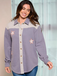 WOMEN'S LONG SLEEVE BUTTON UP COLORBLOCK STARS PRINT OVERSIZED TOP