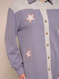 WOMEN'S LONG SLEEVE BUTTON UP COLORBLOCK STARS PRINT OVERSIZED TOP