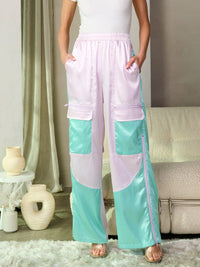 WOMEN'S ELASTIC WAIST POCKETS COLORBLOCK ZIPPER DETAILED WIDE LEG PANTS