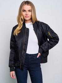 WOMEN'S LONG SLEEVE ZIP UP FRONT POCKETS BOMBER JACKET