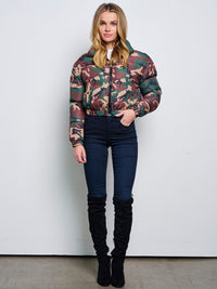 WOMEN'S LONG SLEEVE ZIP UP FRONT POCKETS PUFFER CAMO PRINT JACKET