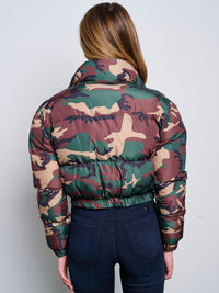 WOMEN'S LONG SLEEVE ZIP UP FRONT POCKETS PUFFER CAMO PRINT JACKET