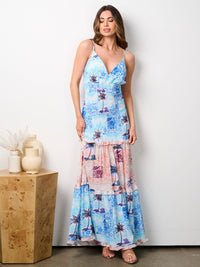 WOMEN'S SLEEVELESS V-NECK SMOCK FLORAL MAXI DRESS