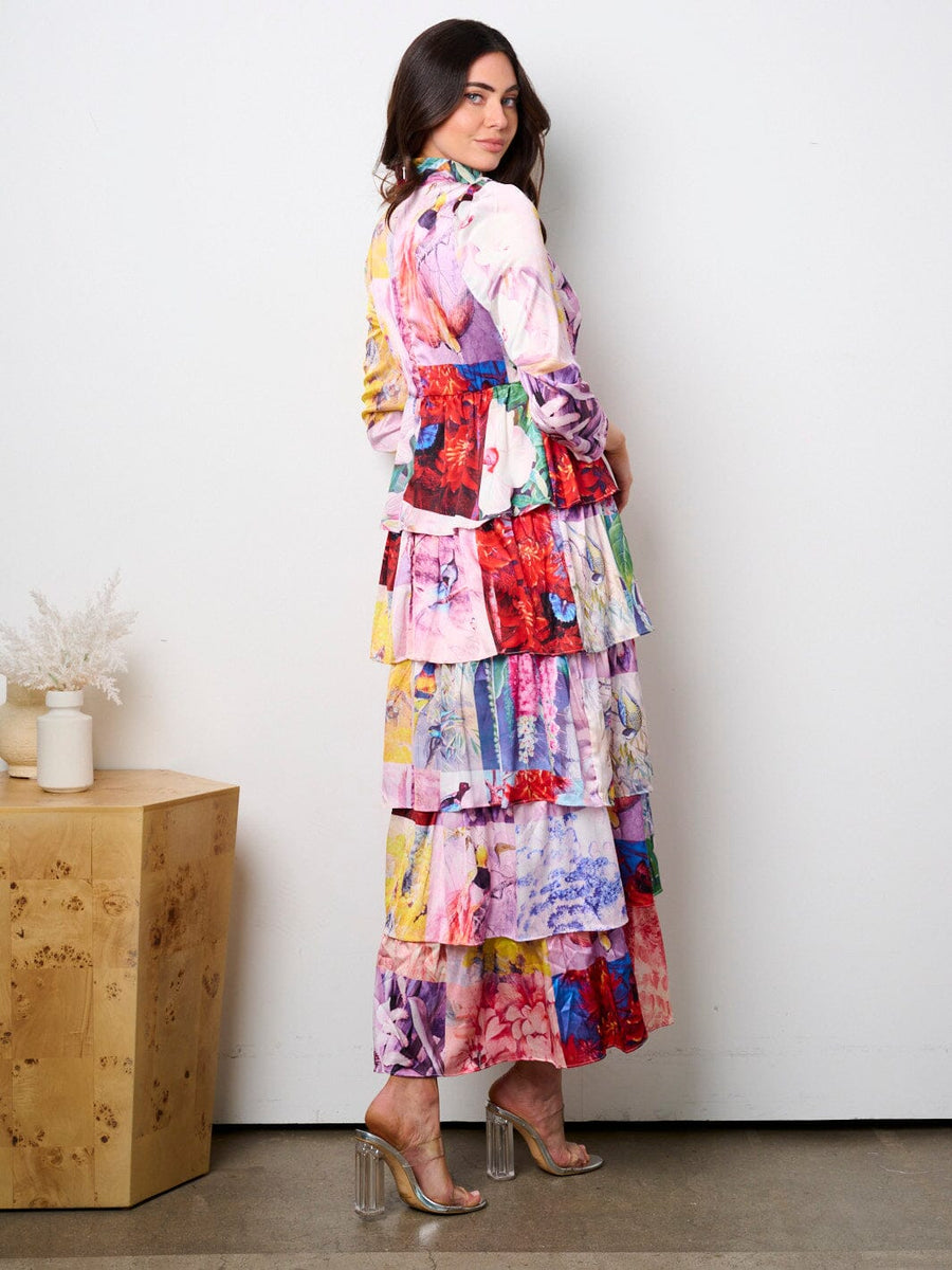 Black 3/4 Sleeve Contrast Tile Print Maxi Dress
