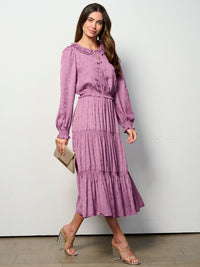 WOMEN'S LONG SLEEVE ELASTIC WAIST TIERED PAISLEY PRINT MAXI DRESS