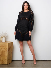 WOMEN'S LONG SLEEVE EYELET DETAILED MINI DRESS