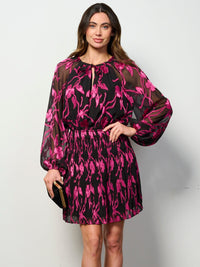 WOMEN'S LONG SLEEVE SMOCK FLOWER DETAILED MINI DRESS