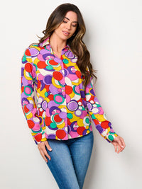 WOMEN'S LONG SLEEVE BUTTON UP MULTI PRINT BLOUSE TOP