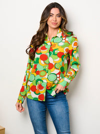 WOMEN'S LONG SLEEVE BUTTON UP MULTI PRINT BLOUSE TOP