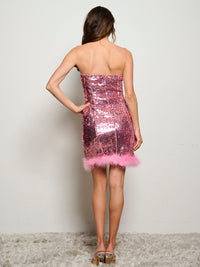 WOMEN'S SLEEVELESS TRIM DETAILED TUBE SEQUINS MINI DRESS