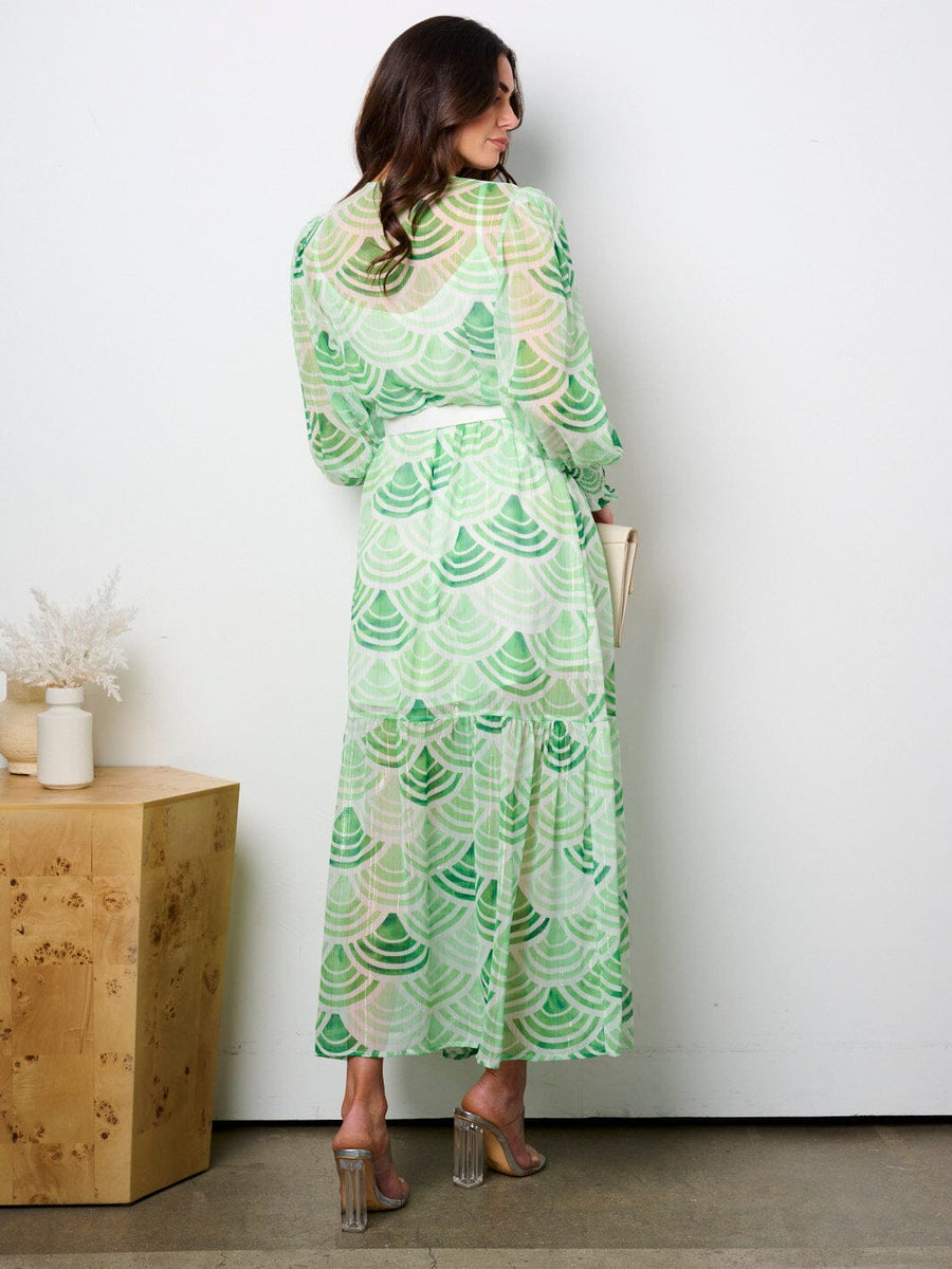 Pleated V-Neck Long Sleeve Maxi Dress With Belt Slate BlueMint Green