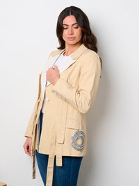 WOMEN'S LONG SLEEVE BUTTON CLOSURE SELF TIE STUDS DETAILED BLAZER