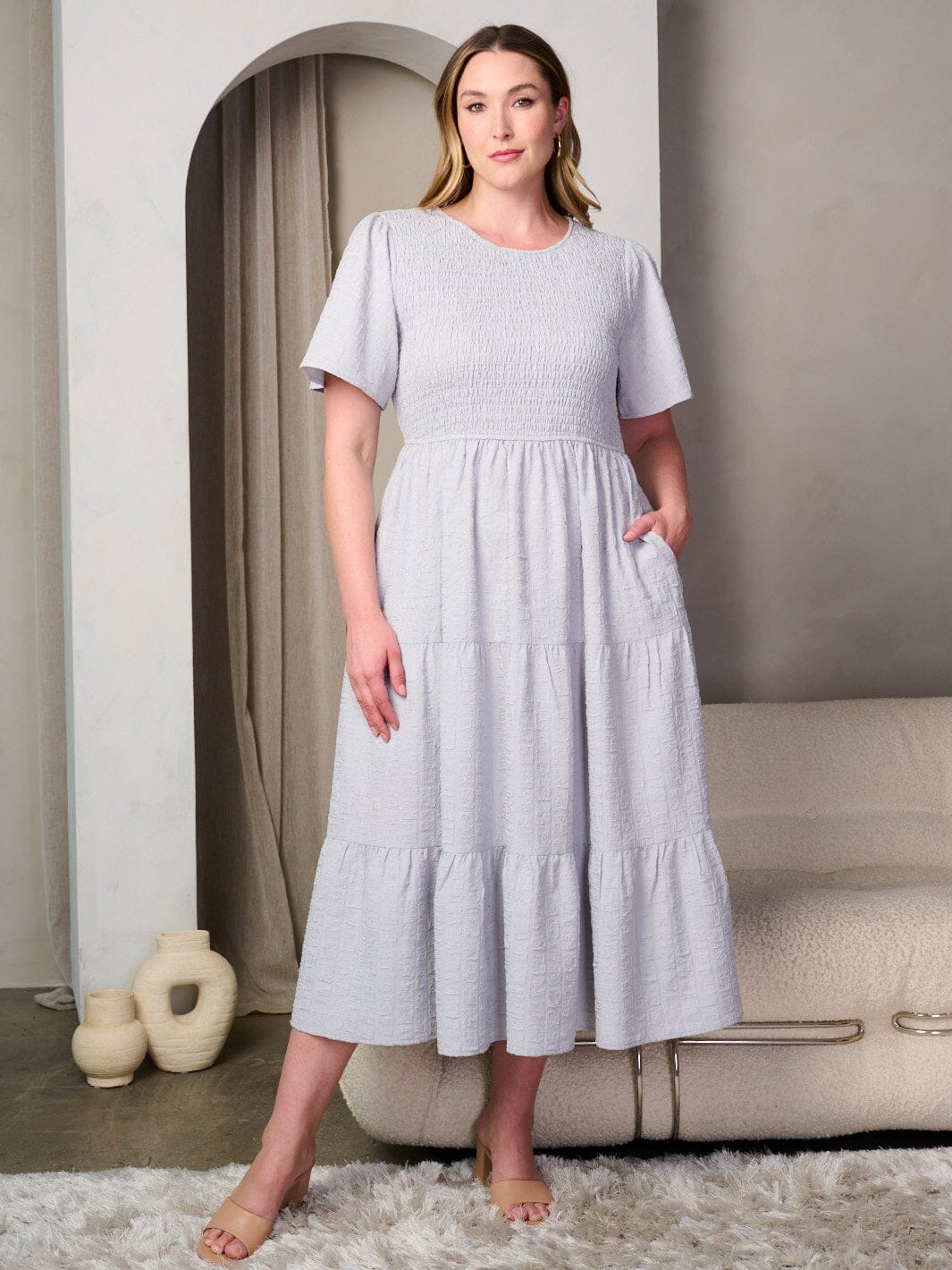 smock tiered maxi dress PLUS SIZE SHORT SLEEVE SMOCK POCKETS TIERED MAXI DRESS