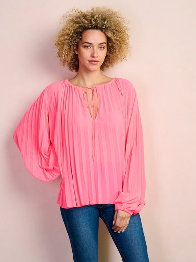 WOMEN'S LONG PUFF SLEEVE V-NECK PLEATED BLOUSE TOP