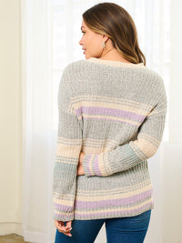 WOMEN'S LONG SLEEVE COLORBLOCK STRIPES PULLOVER SWEATER