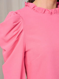 WOMEN'S LONG PUFF SLEEVES RUFFLE TRIM NECK BLOUSE