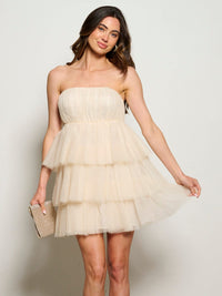 WOMEN'S SLEEVELESS TIERED RUFFLE SHIMMER TUBE MINI DRESS
