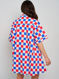 WOMEN'S SHORT SLEEVE BUTTON UP FRONT POCKETS CHECKERS TUNIC MINI DRESS