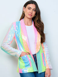 WOMEN'S LONG SLEEVE BUTTON CLOSURE SEQUINS COLORBLOCK BLAZER