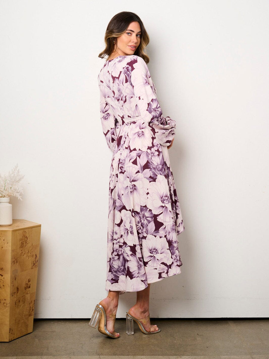 High-Low Printed Surplice Short Sleeve Midi Dress