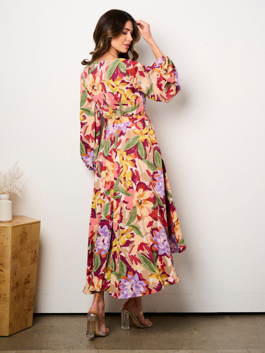 Perfee Split Printed Surplice Long Sleeve Midi Dress