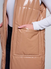 WOMEN'S SLEEVELESS ZIP UP FRONT POCKETS PU PLEATHER LONG PUFFER VEST