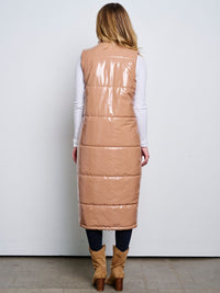 WOMEN'S SLEEVELESS ZIP UP FRONT POCKETS PU PLEATHER LONG PUFFER VEST