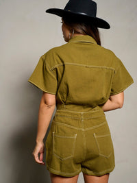 WOMEN'S SHORT SLEEVE BUTTON UP POCKETS DENIM ROMPER