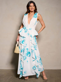 WOMEN'S SLEEVELESS V-NECK RUFFLE PRINTED MAXI DRESS