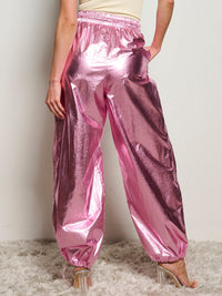 WOMEN'S ELASTIC WAIST POCKETS JOGGER METALLIC PANTS