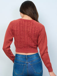 WOMEN'S LONG SLEEVES BUTTON UP CABLE KNIT CROP TOP