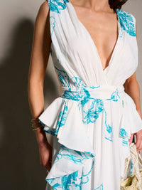 WOMEN'S SLEEVELESS V-NECK RUFFLE PRINTED MAXI DRESS