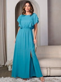 WOMEN'S SHORT RUFFLE SLEEVE SIDE SLIT MAXI DRESS