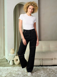 WOMEN'S BUTTON CLOSURE DISTRESS DENIM PANTS