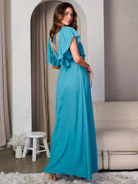 WOMEN'S SHORT RUFFLE SLEEVE SIDE SLIT MAXI DRESS