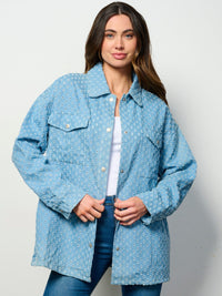 WOMEN'S LONG SLEEVE BUTTON UP POCKETS EYELET DENIM OVERSIZED TOP