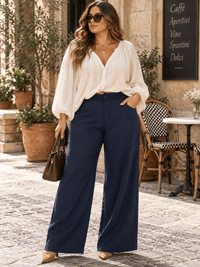 PLUS SIZE BUTTON CLOSURE CROCHET WAIST FRONT POCKETS WIDE LEG PANTS