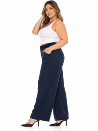 PLUS SIZE BUTTON CLOSURE CROCHET WAIST FRONT POCKETS WIDE LEG PANTS