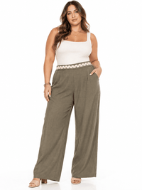 PLUS SIZE BUTTON CLOSURE ELASTIC DETAILED WAIST FRONT POCKETS WIDE LEG PANTS