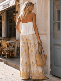 WOMEN'S ELASTIC WAIST BUTTON CLOSURE POCKETS WIDE LEG PRINT PANTS