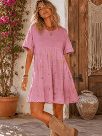 WOMEN'S SHORT SLEEVE FLORAL EMBROIDERY LOOSE FIT MINI DRESS
