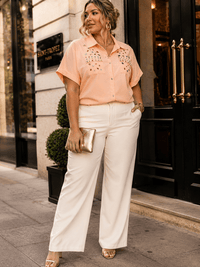 PLUS SIZE SHORT SLEEVE BUTTON UP FRONT POCKETS HIGH-LOW STUDS BLOUSE