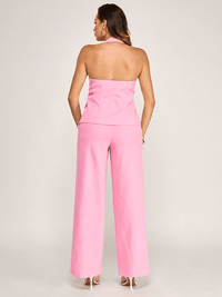 WOMEN'S HALTER NECK BUTTON CLOSURE TOP & BUTTON CLOSURE POCKETS WIDE LEG PANTS 2PC. SET
