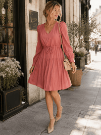 WOMEN'S LONG SLEEVE V-NECK FIT & FLARE TIERED MIDI DRESS