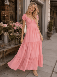 WOMEN'S SHORT PUFF SLEEVE V-NECK ELASTIC WAIST TIERED MAXI DRESS