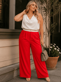PLUS SIZE BUTTON CLOSURE ELASTIC WAISTBAND POCKETS WIDE LEG SOLID PANTS